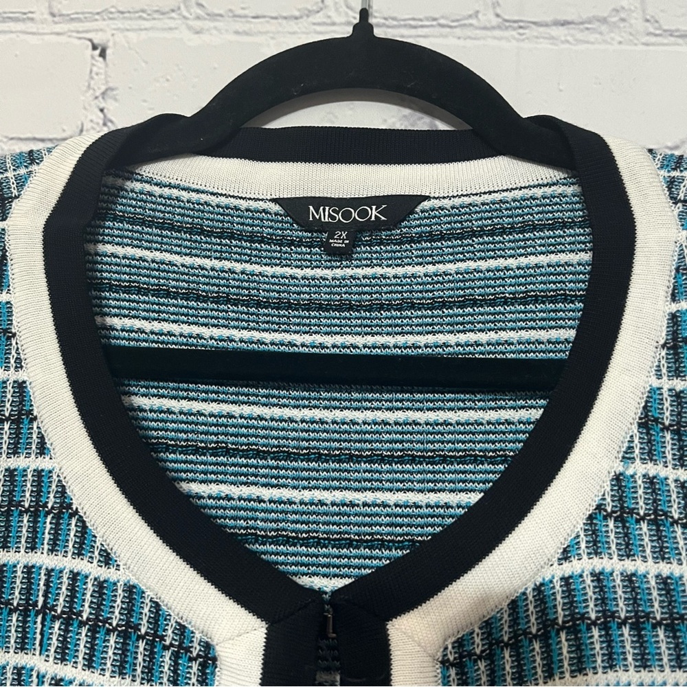 Misook Knit Open Front Jacket Blue White Black Patterned Cardigan Pockets Sz 2X - Picture 4 of 7
